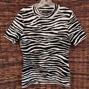 Theory Zebra Knit Wool Short Sleeve Mock Neck Sweater Tee Shirt Women's P Small